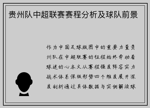 贵州队中超联赛赛程分析及球队前景
