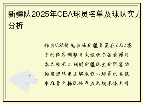 新疆队2025年CBA球员名单及球队实力分析